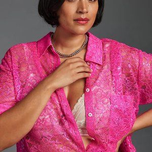 Anthropologie METALLIC LACE BUTTONDOWN SHIRT Pink XL Sparkle Barbie Mean Girls